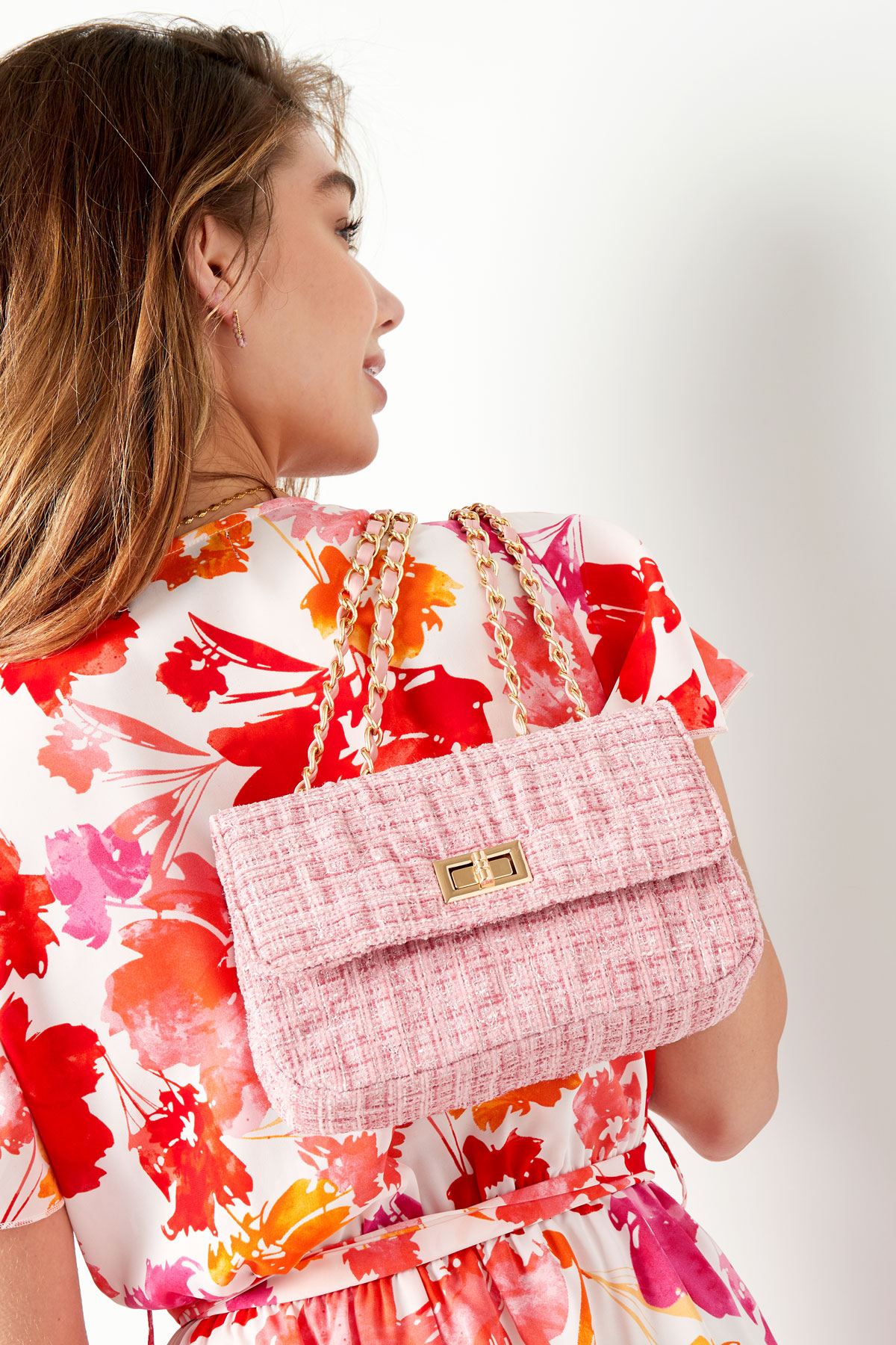 Dikişli ve altın detaylı çanta - pembe Pink Polyester Resim2
